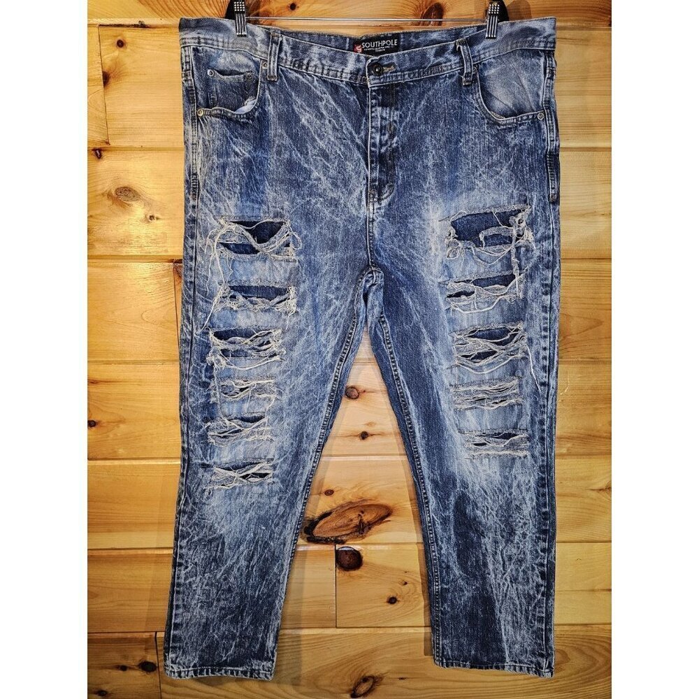 Y2K South Pole Men’s Size 46X32 Blue Ripped Distressed Denim Jeans Medium Wash